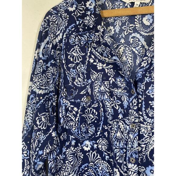 Emily Daniels Top 2X Blue Paisley Slinky Knit Travel Button Up Coastal Mature - Picture 7 of 13